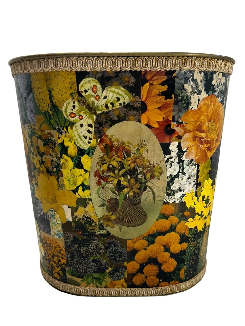 Vintage Ballonoff Floral Decoupage Print Metal Trashcan